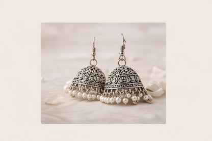 Noor-e-Zareen Silver Jhumka – Pearl Drop Edition